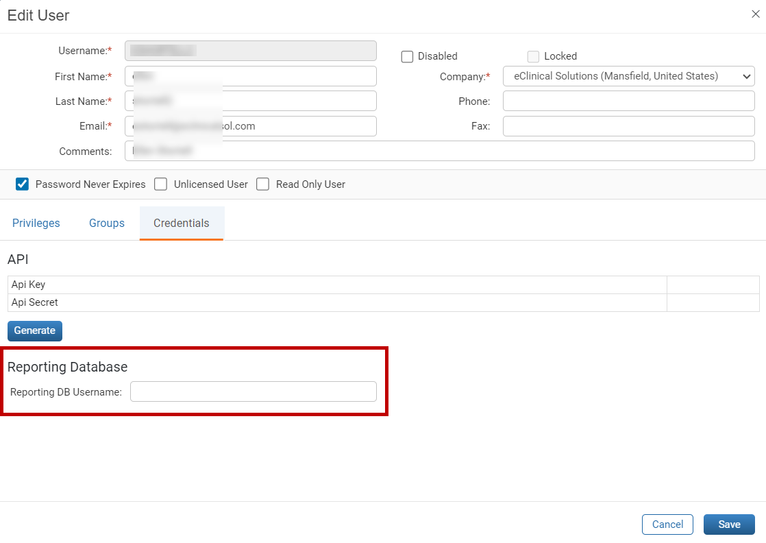 Reporting DB Username