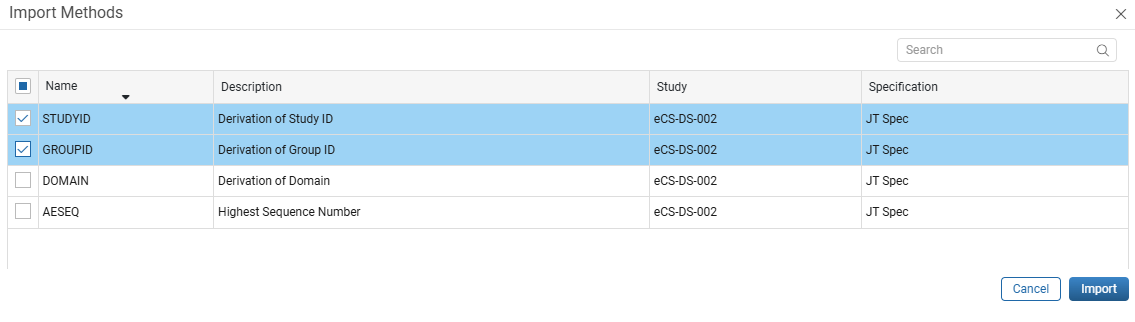 Import Methods window