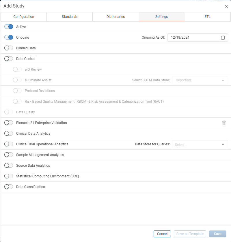 Add Study - Settings Tab
