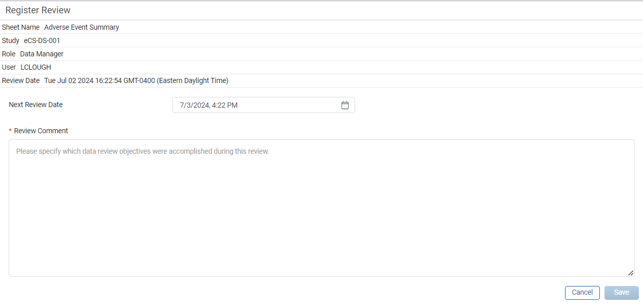 Update the next review date and add review comment in the Register Review window