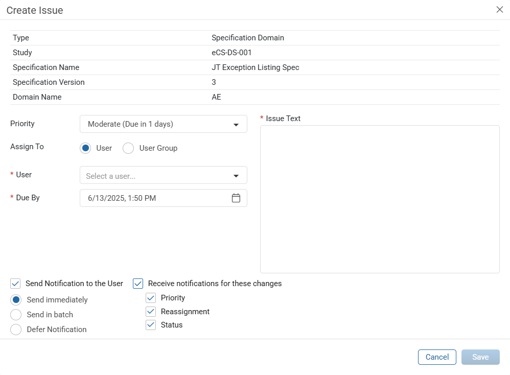 Create Issue Window - Specifications