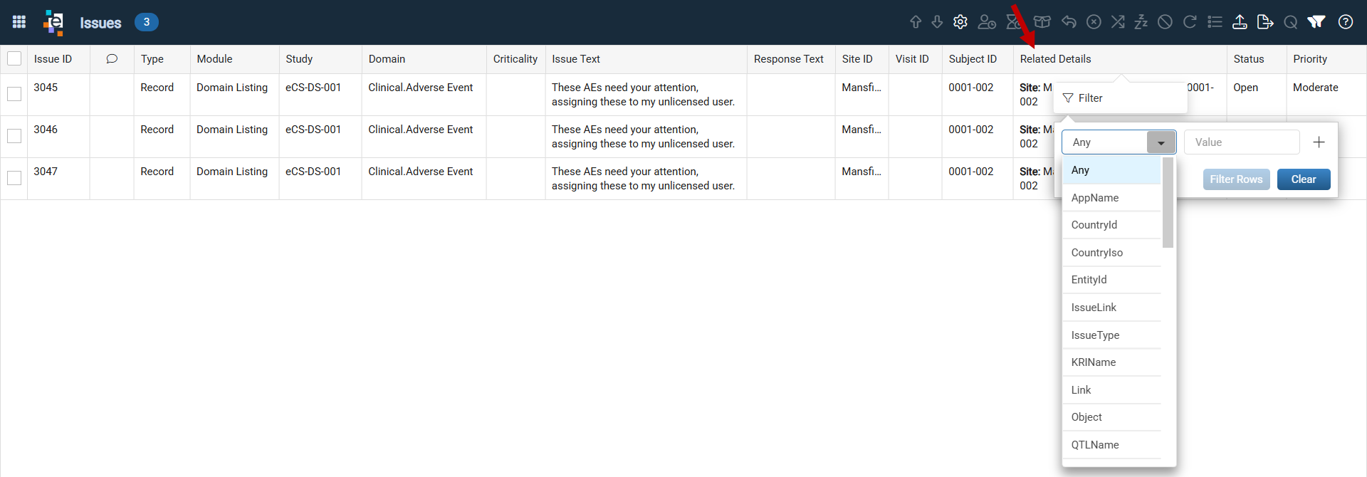 Filter Related Details Column