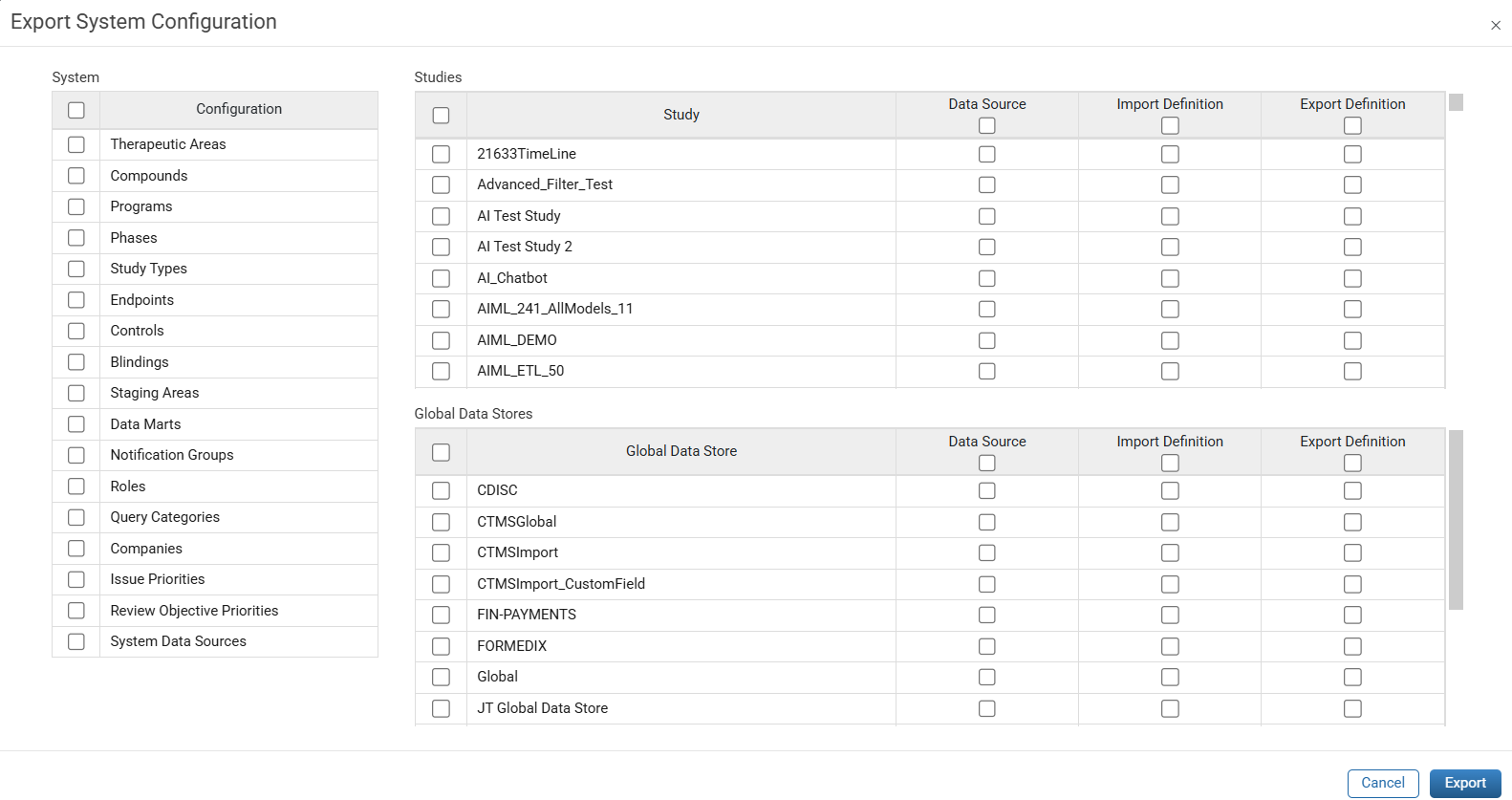Export System Configuration
