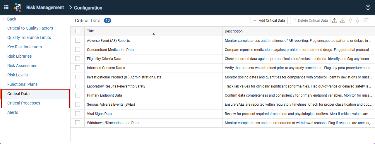 Critical Data and Critical Processes Configuration