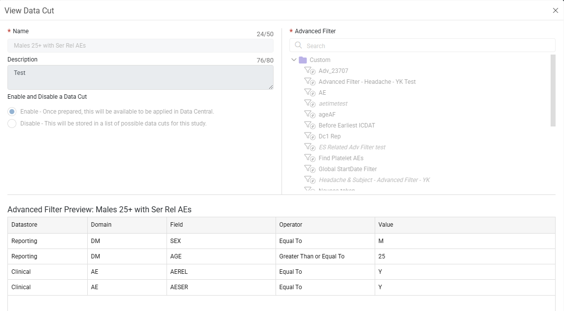 View Data Cut Window