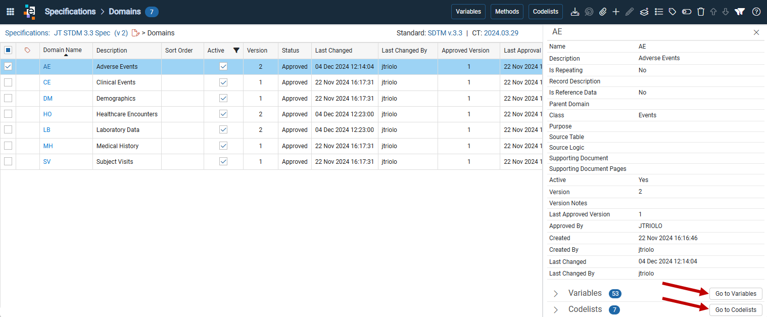 Domains list with options to access Variables and Codelists