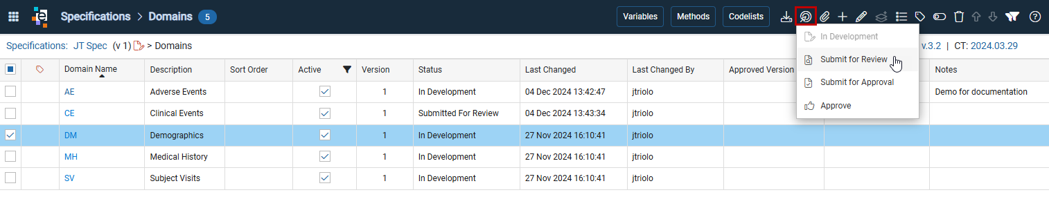 Change Status menu for domain approval workflow