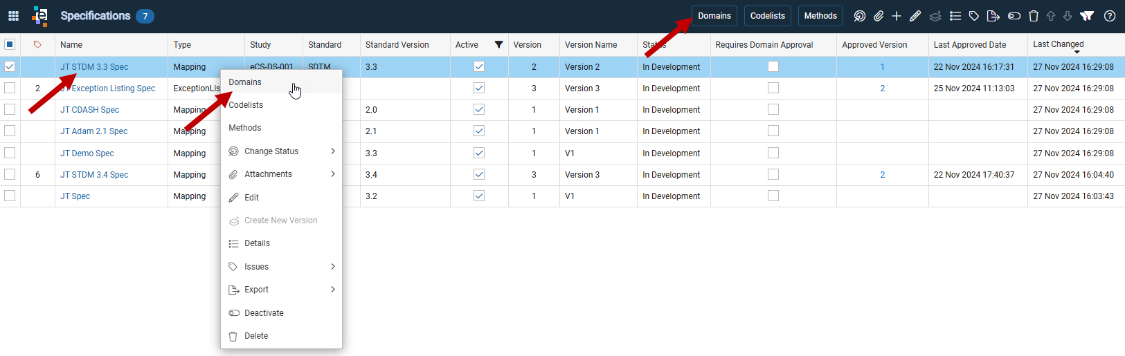 Access Domains from right-click menu or Domains button