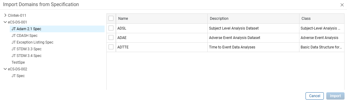 Import Domains from Specification window