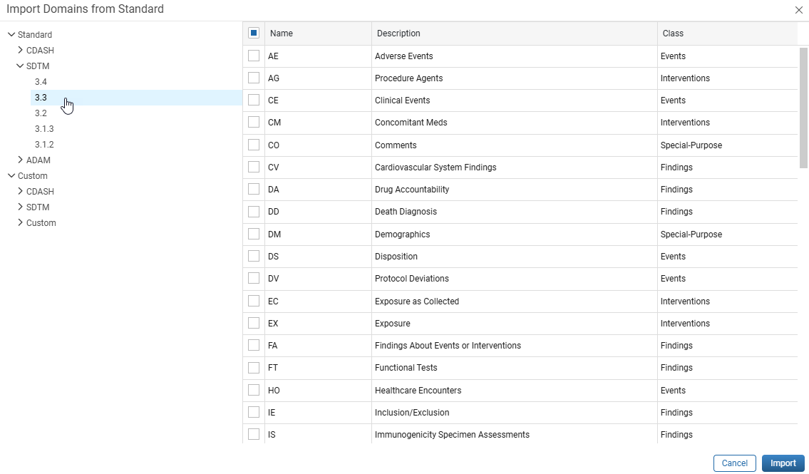 Import Domains from Standard window with selected standard version