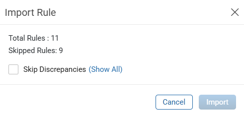 Import Rule window with total and skipped rules