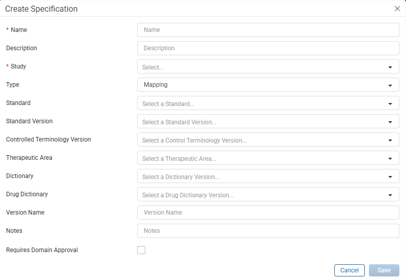 Create Specification Window