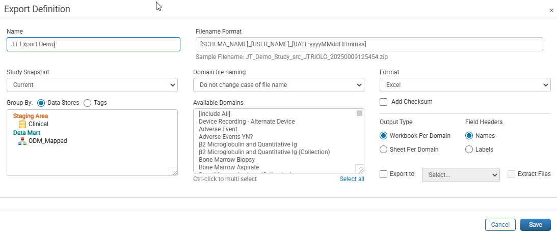 Export Definition Window