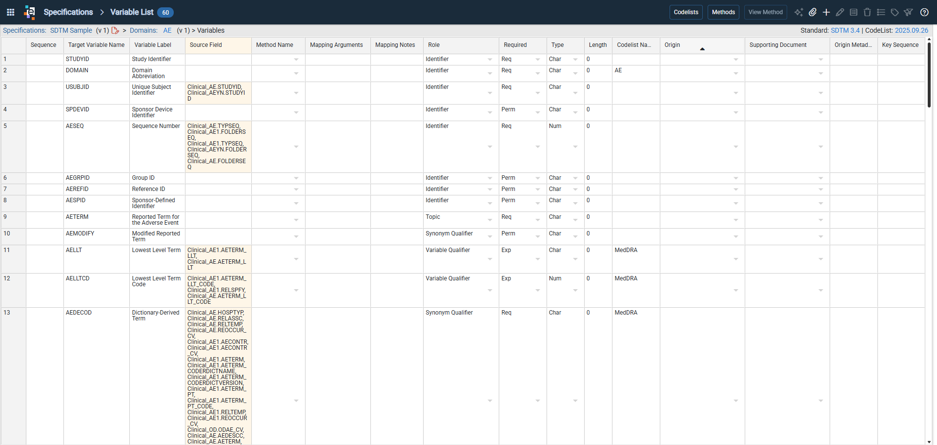 Variable List for selected domain