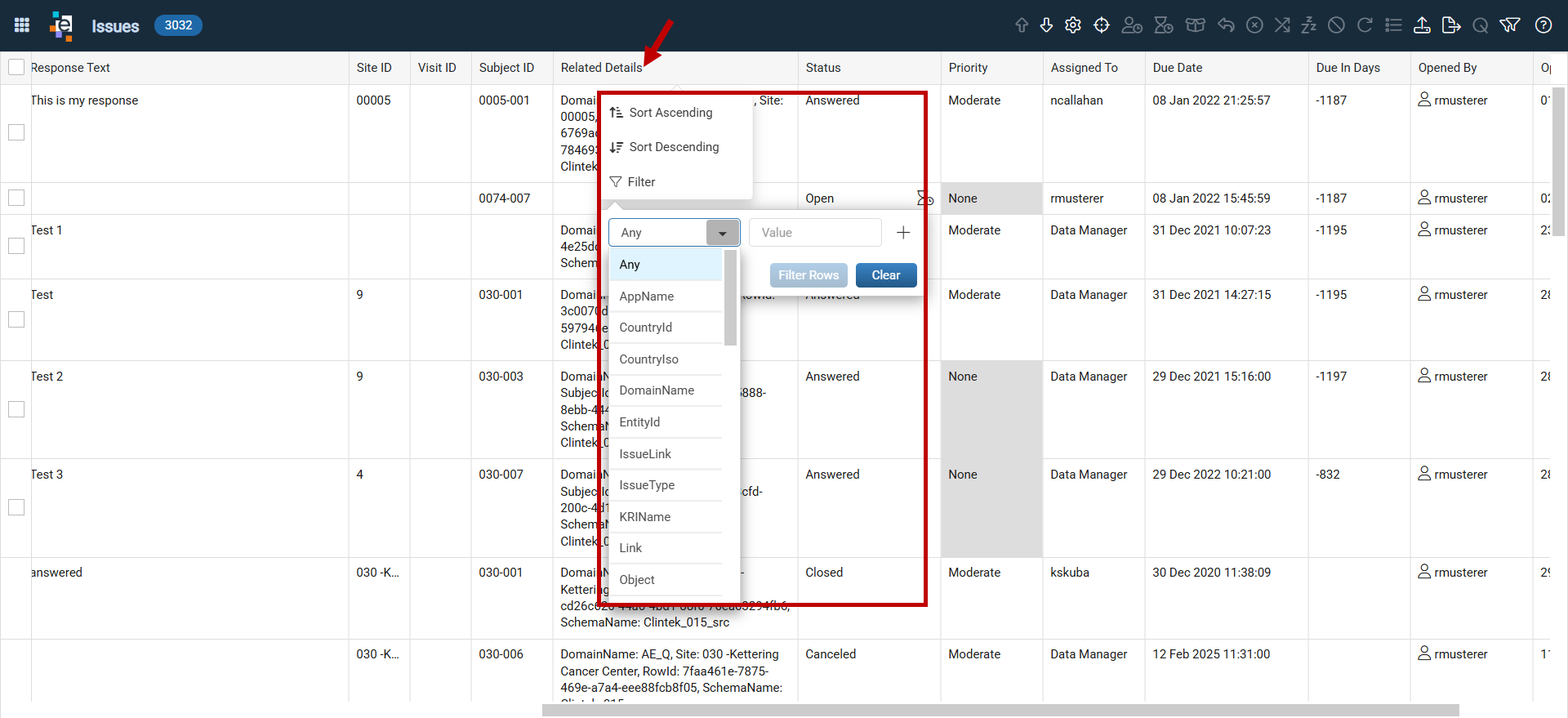 Filter Related Issues Column