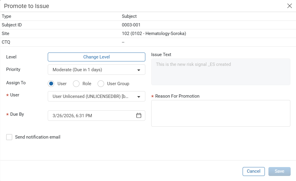 Promote to Issue window