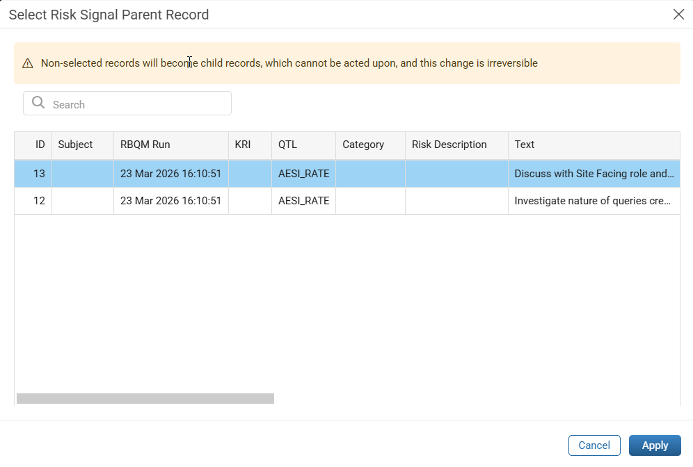 Select Parent Record window