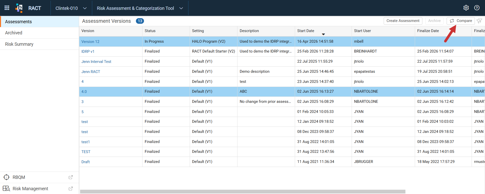 Select Assessment Version Compare