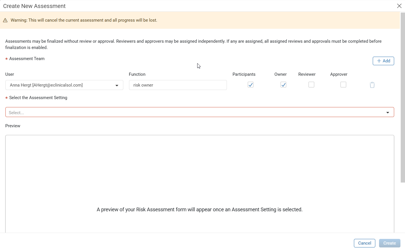 Create New Assessment window