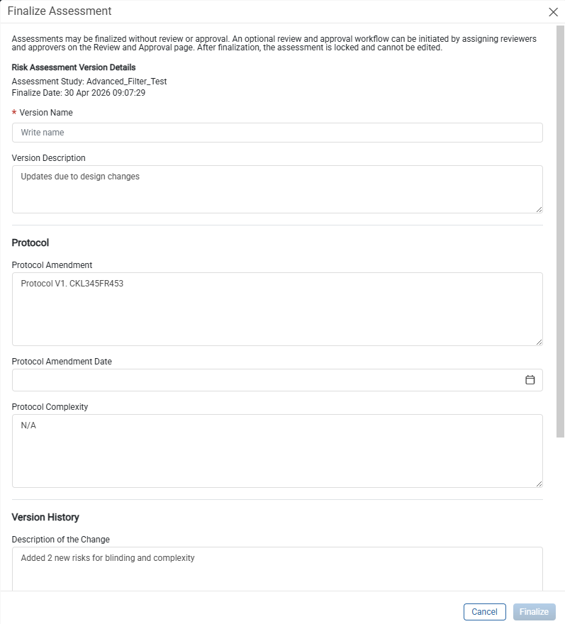 Finalize Assessment window