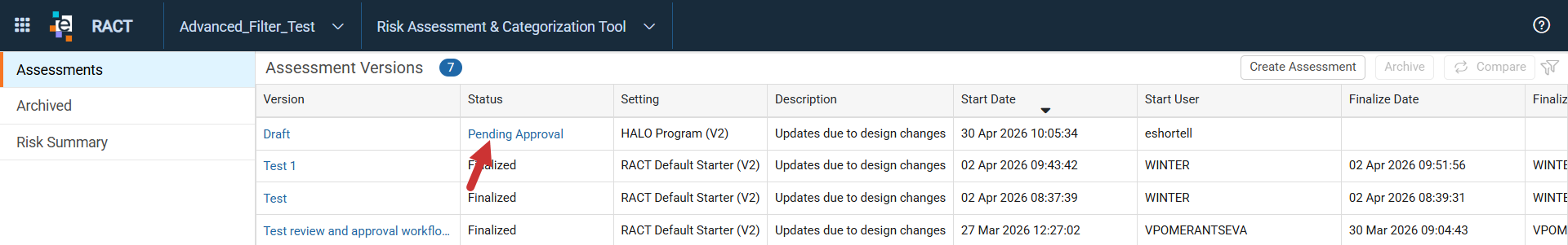 Assessment Status link