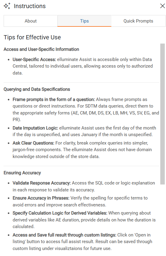 Tips tab displaying best practices and usage guidance