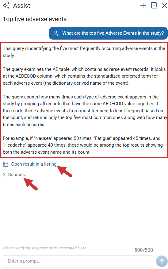 Prompt response displaying SQL breakdown, Sources, and Open Result in a Listing options