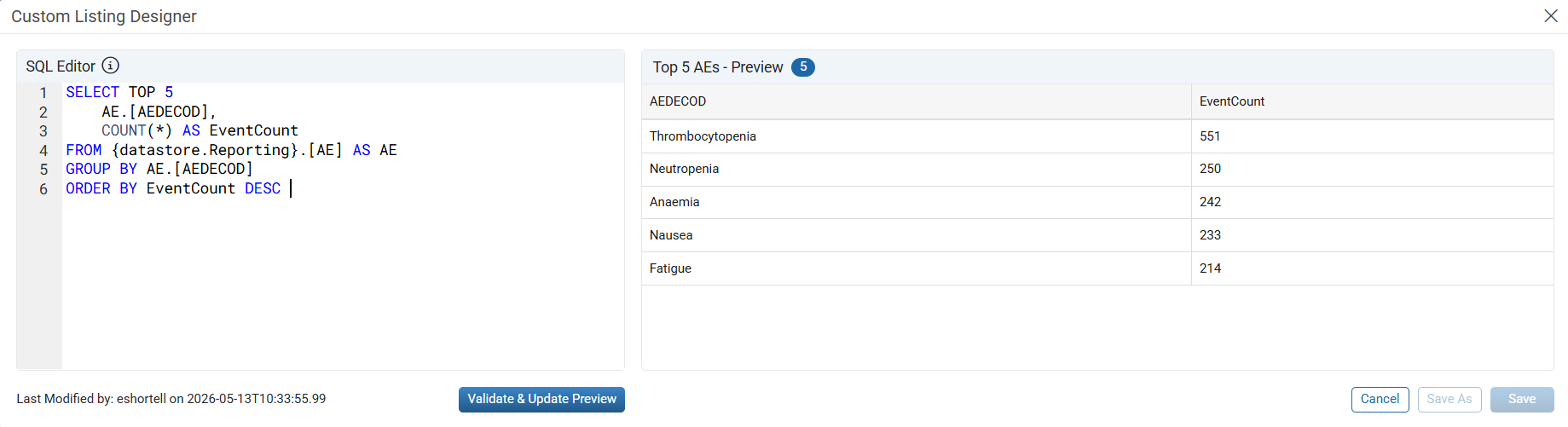 Custom Listing Designer displaying SQL Editor and listing preview