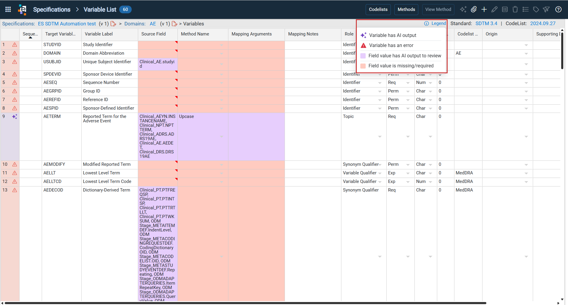 Variable List with Mapping Automation indicators and recommendations