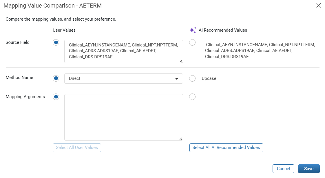 Mapping Value Comparison window with User Values and AI Recommended Values