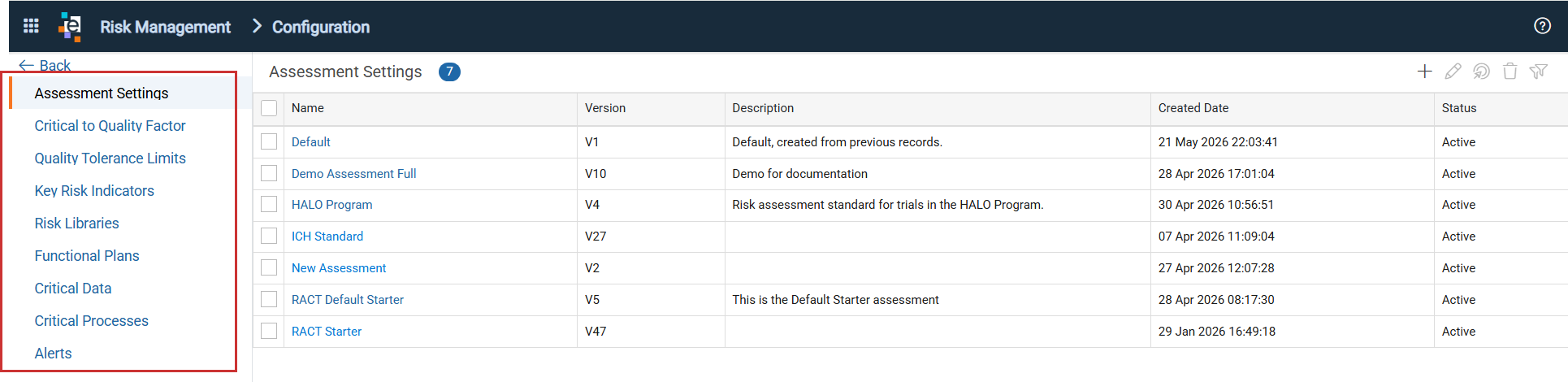 Risk Management Configuration page