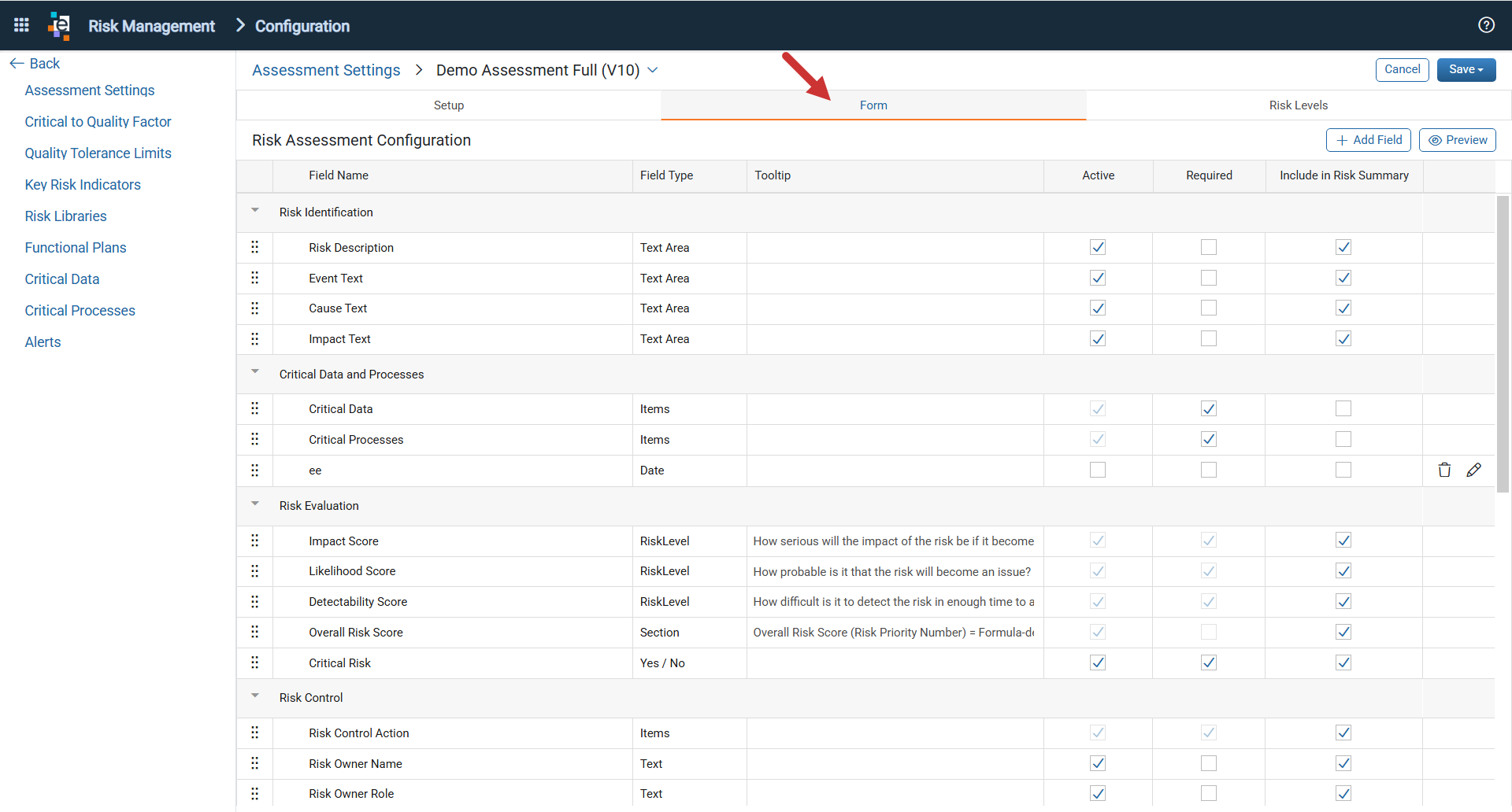 Assessment Settings - Form tab