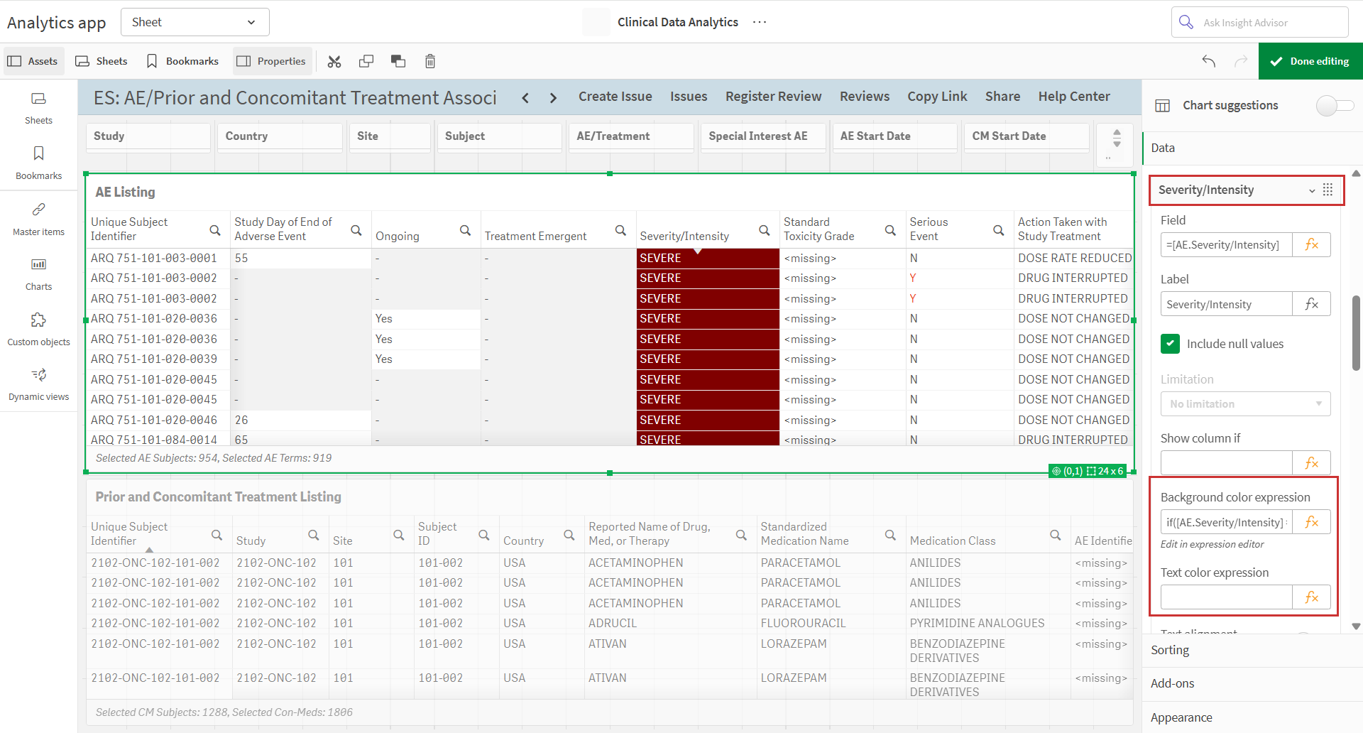 Column settings showing background and text color expression options