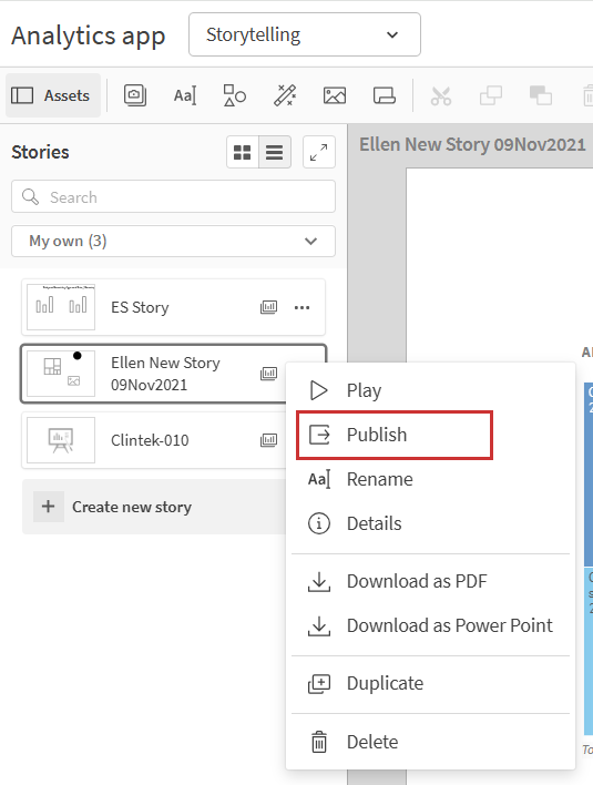 Publish story option from the More or right-click menu