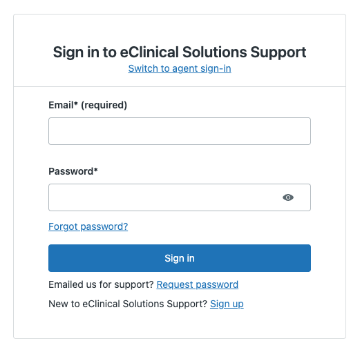 Help Center Sign in window showing the Request Password, Sign up, and Forgot password links