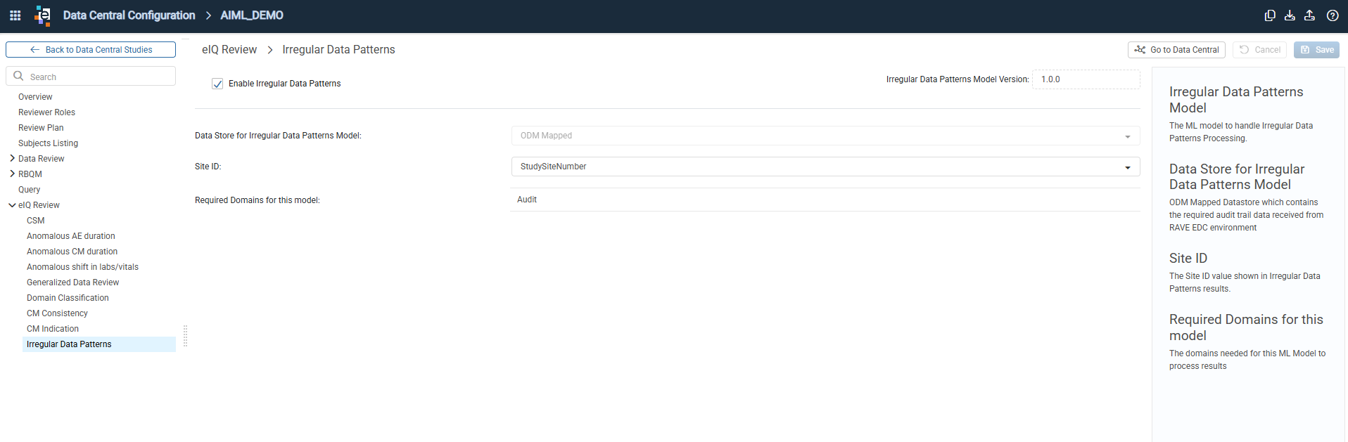 Irregular Data Patterns configuration window in Data Center Configuration showing the Enable checkbox, Model Version, Data Store, Site ID, and Required Domains fields