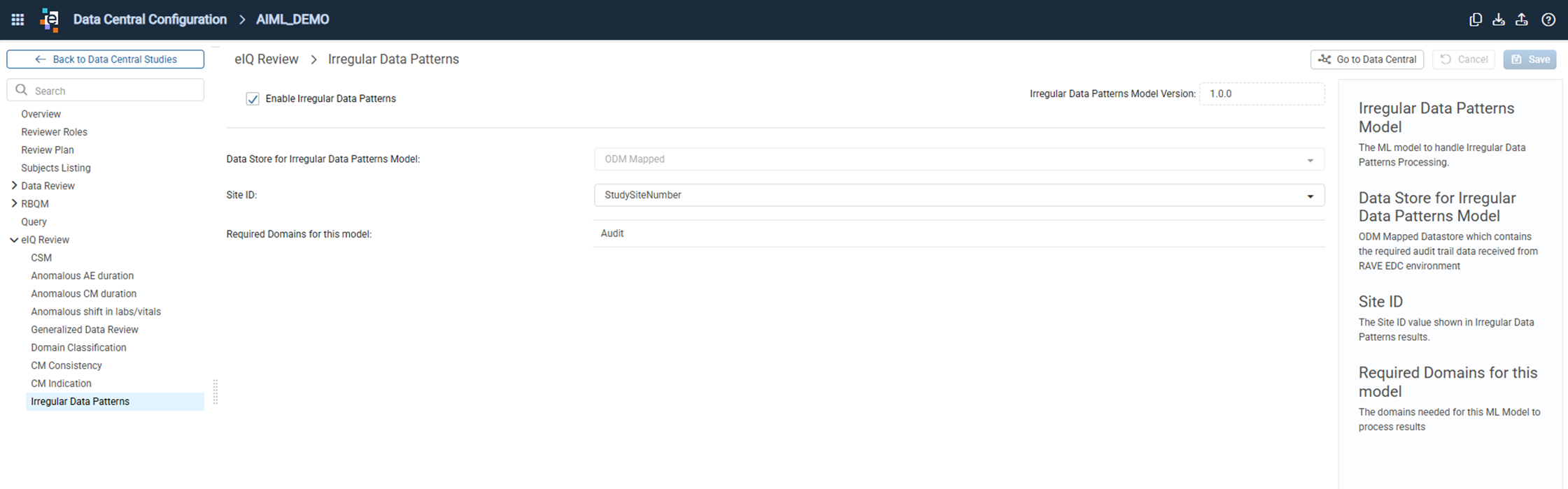 Irregular Data Patterns configuration screen in Data Center Configuration showing the Enable checkbox, Model Version, Data Store, Site ID, and Required Domains fields. 