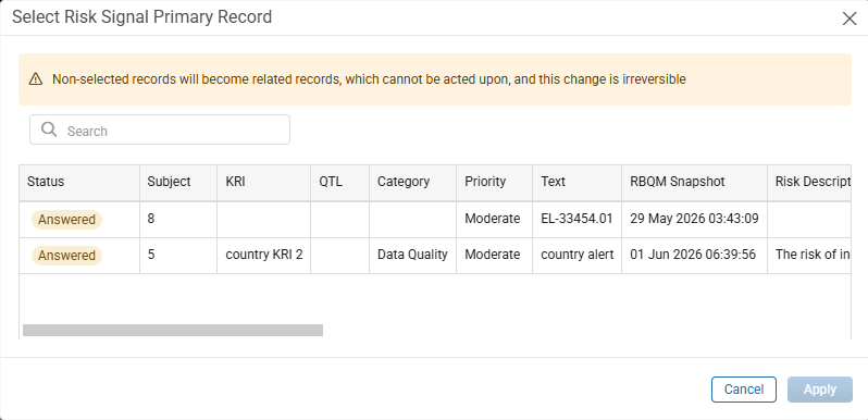 Select Parent Record window