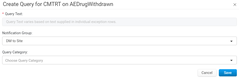 Create Query window opened from an Exception Listing, with Query Text pre-populated