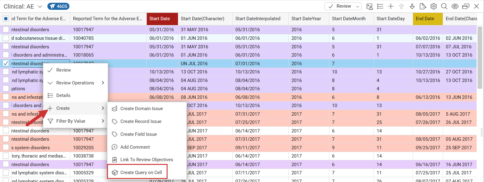 Right-click menu on a listing cell showing the Create option