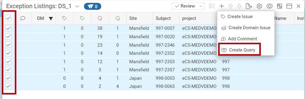 Exception Listing with multiple records selected via checkboxes