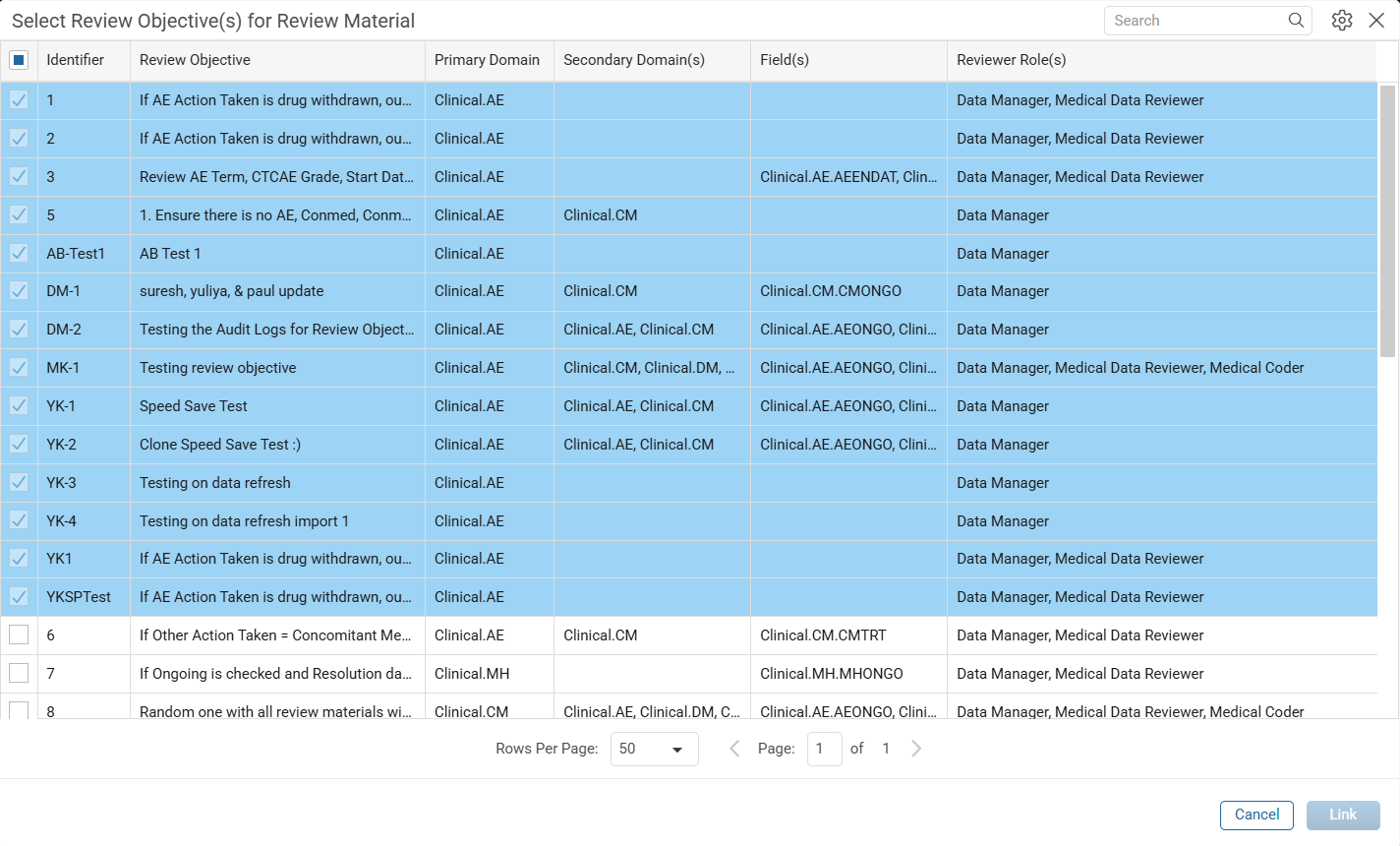 Link to Review Objectives window