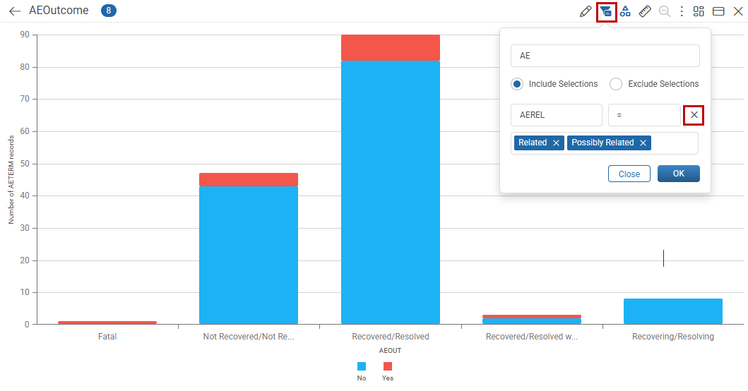 Add Filter popout for a chart showing Domain, Include Selections/Exclude Selections, Operator, and Filter Value(s) fields