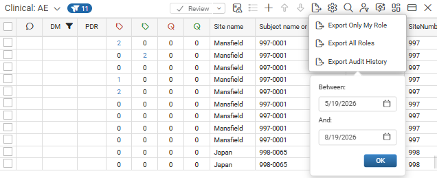Export drop-down for a domain listing showing Export Only My Role, Export All Roles, and Export Audit History options, with Between and And date fields for Export Audit History