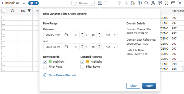 Data Variance Filter & View Options popout showing Date Range fields, New Records and Updated Records highlight and filter options, and Domain Details