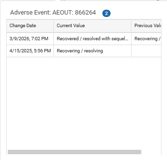 Data Variance popout for the AEOUT field showing change date, current value, and previous value history