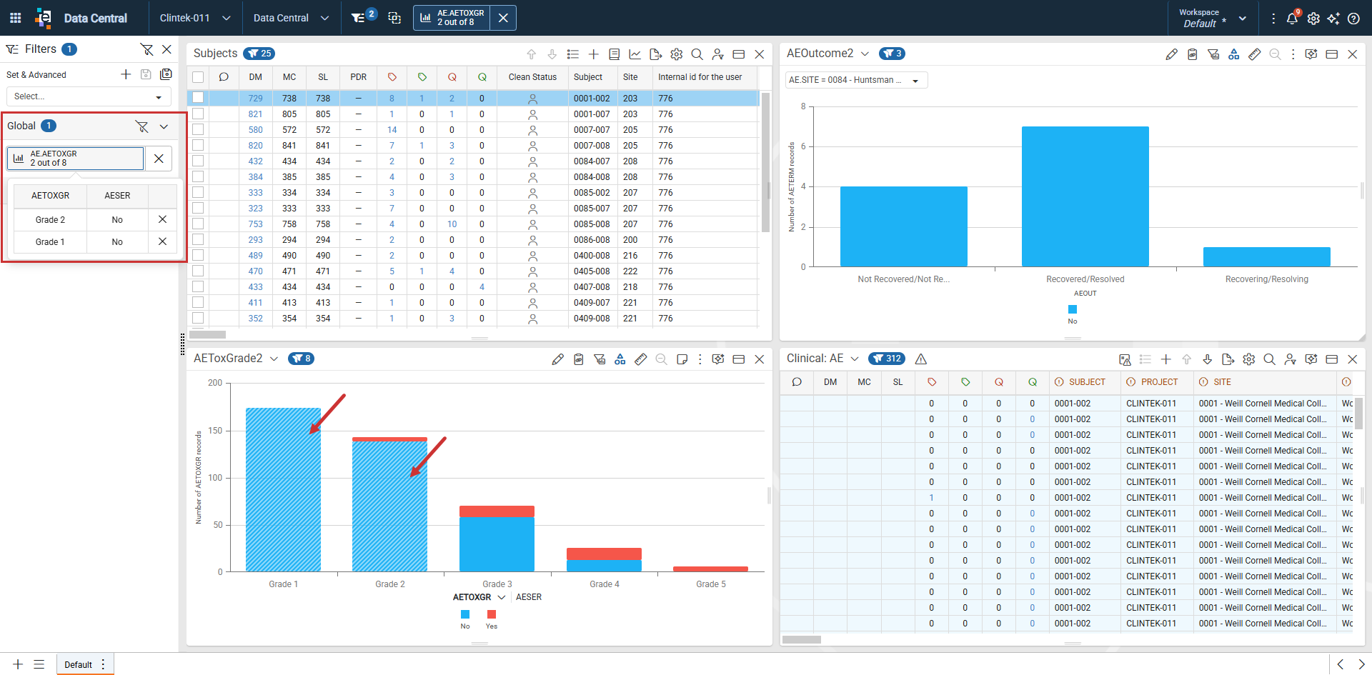 Workspace showing a chart with two selected (striped) segments, the Global filter pill and expanded value table in the Filter Panel, and other panels filtered to matching records