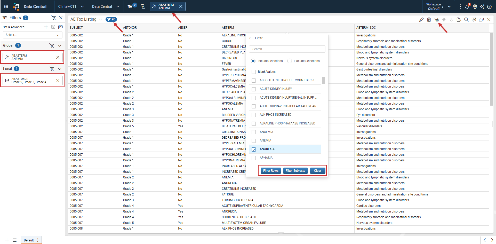 Custom listing column filter popout showing Include Selections/Exclude Selections, a value checklist, and Filter Rows, Filter Subjects, and Clear buttons, with the resulting filters shown as Global and Local pills in the Filter Panel