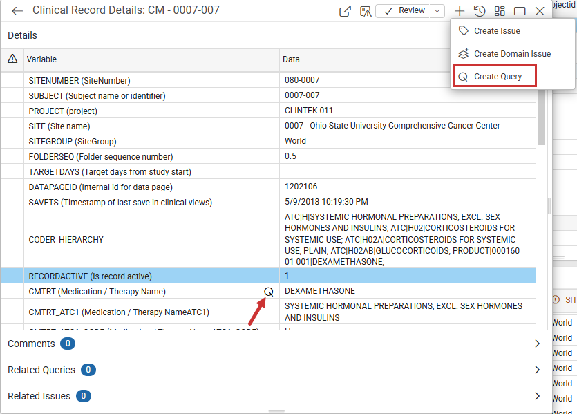 Record Details view showing a field-level Query indicator next to the CMTRT field, with the Create menu open showing Create Issue, Create Domain Issue, and Create Query options