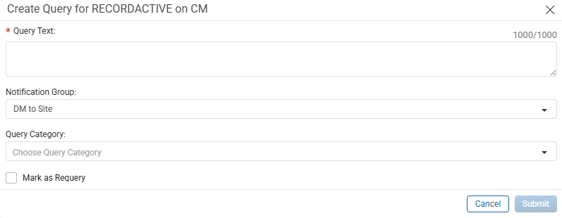 Create Query window with Query Text, Notification Group, Query Category, Mark as Requery, and Submit and Cancel buttons